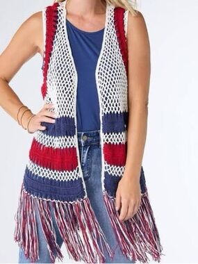 Boho Fringe Knit Vest - Red, White & Blue
